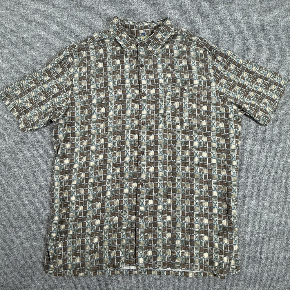 Campia Shirt Mens XL Brown Blue Geometric Pattern Short Sleeve Rayon Button Up - Picture 2 of 9